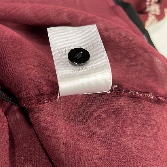 Adrianna Papell Popover Top M Boho Maroon Print Balloon Keyhole Cinch Waist - Picture 8 of 9